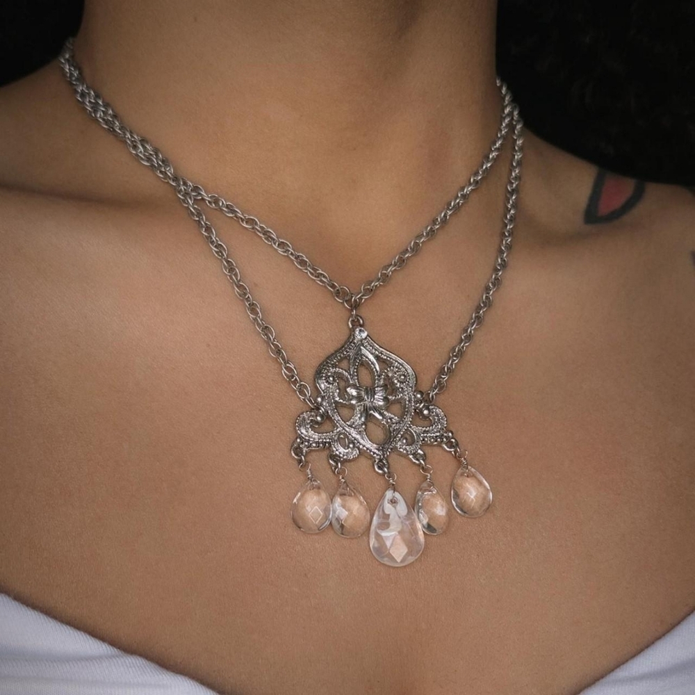 Icy Silver Pendant Necklace with Clear Teardrop Crystals